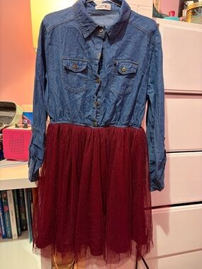 Beautees Denim Blue Top with Burgundy Tulle Skirt Girls Dress